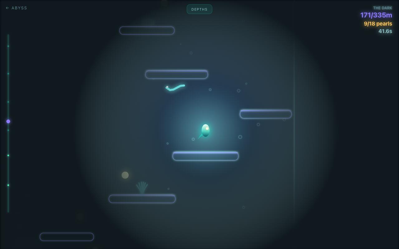 Ascent — a glowing diver lighting a pool of dark trench, ledges fading into black around it