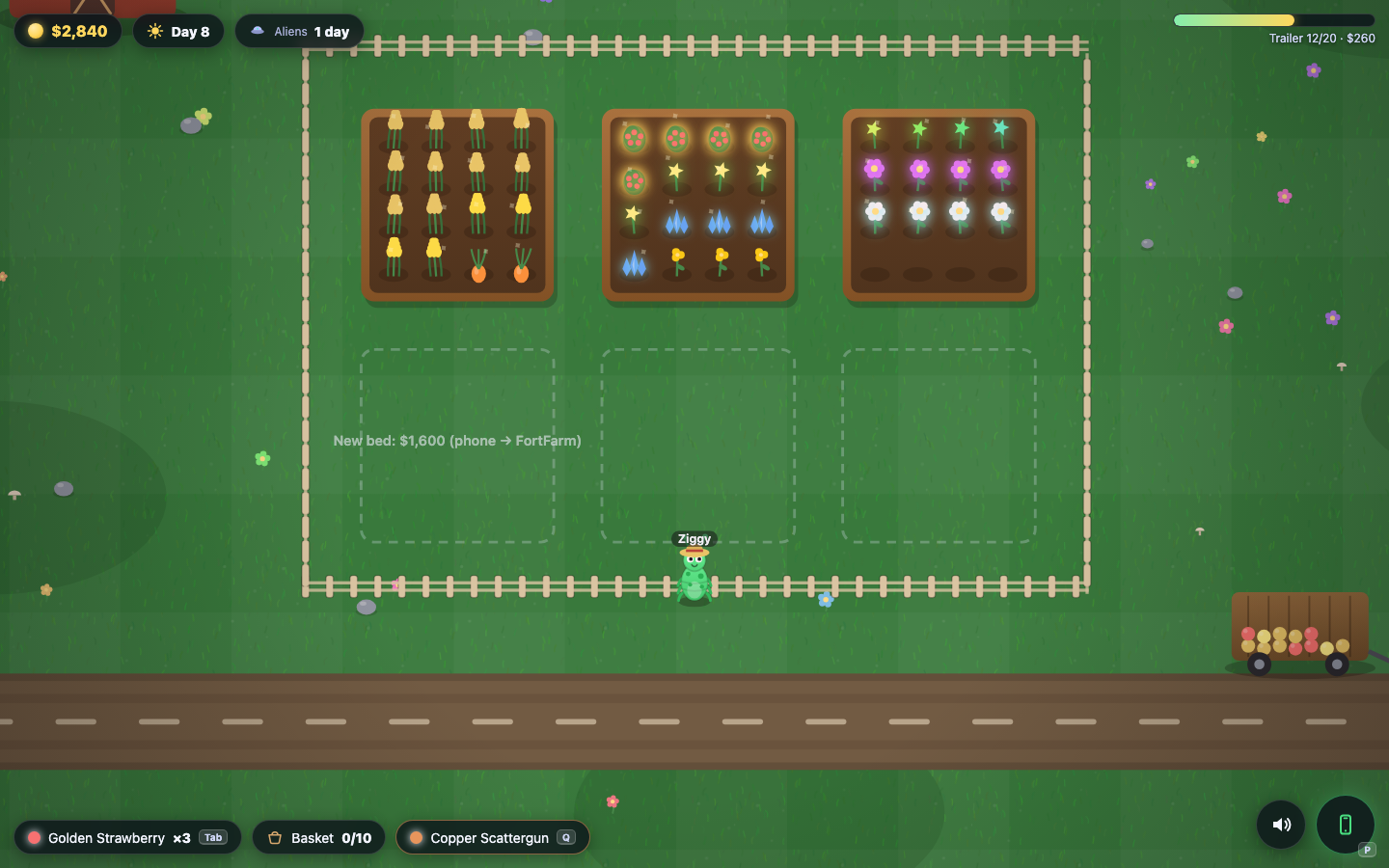 Gardenz — garden beds full of glowing crops behind a picket fence
