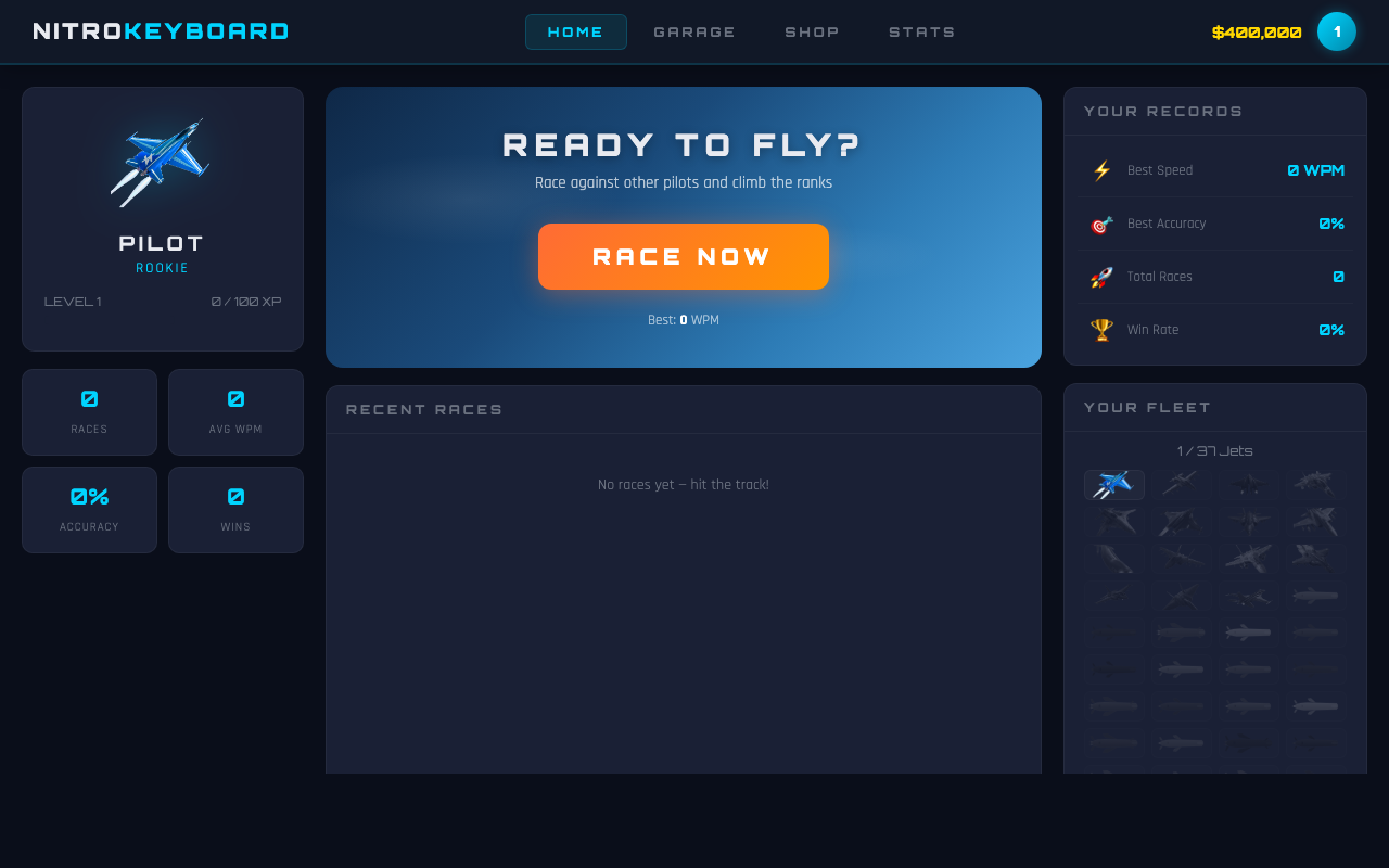 Nitro Keyboard — the pilot hangar with race stats and your jet