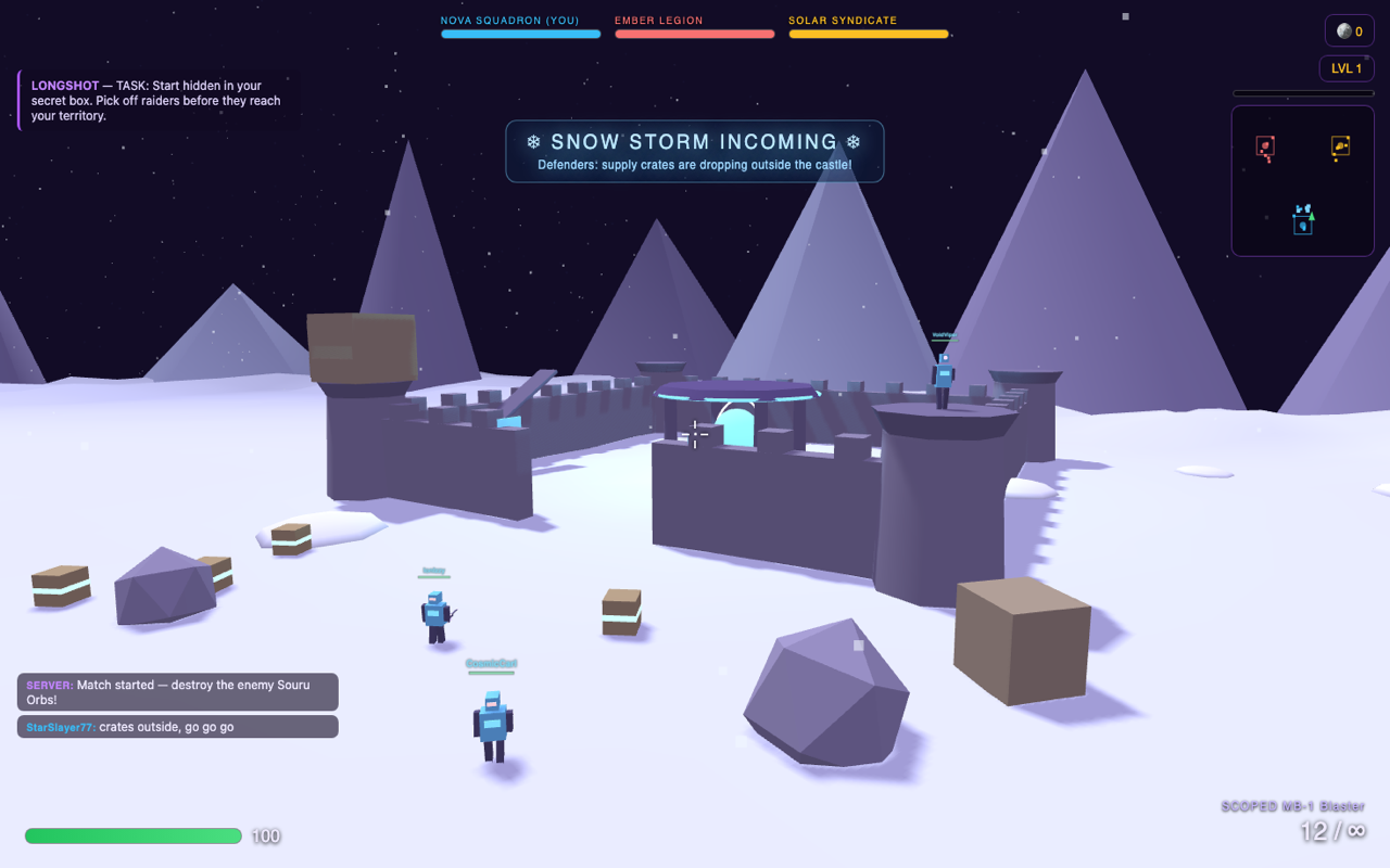 Sky Siege — a snowy robot battle outside the castle as a snow storm rolls in